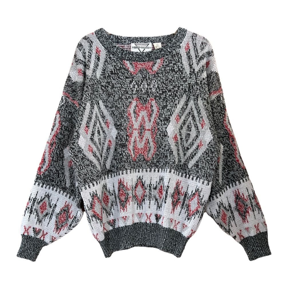 Marc Daniel’s Charcoal Crewneck Sweater with Red Patterned Accents
